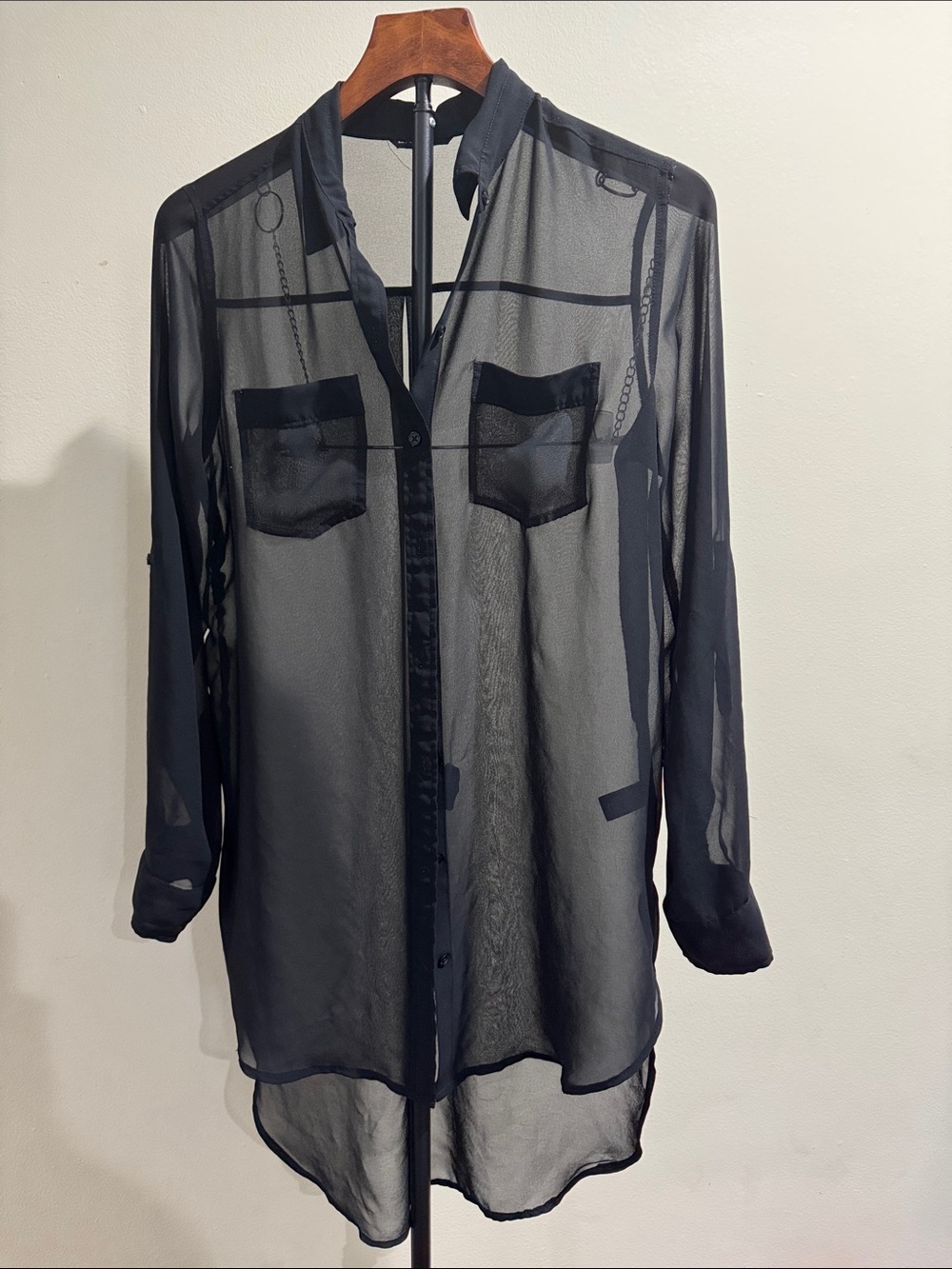 Express Black Sheer High-Low Chiffon Button Down Blouse (Size S)